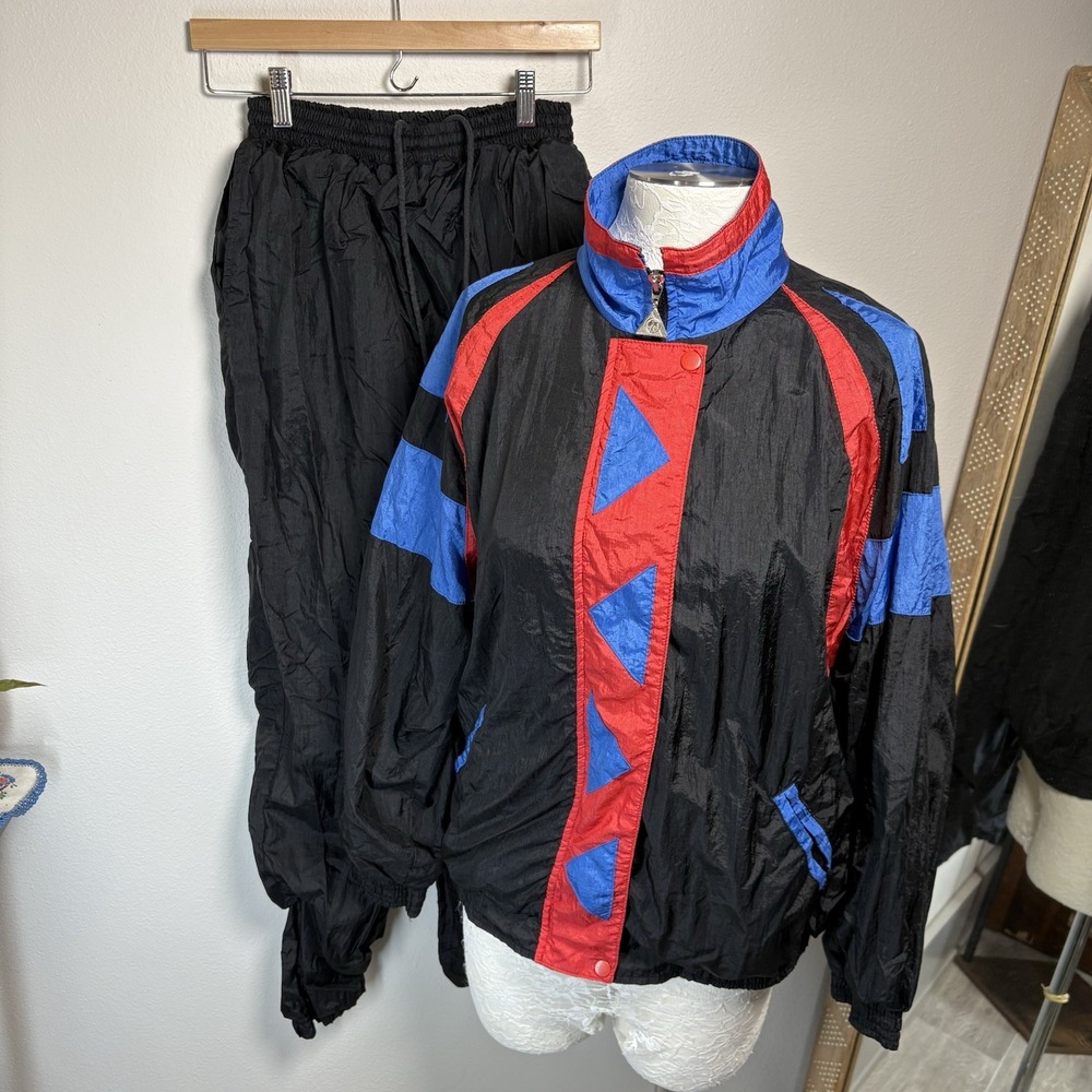 VTG Casual Isle Medium 80s 90s Color Block Windbreaker Rain Jacket Pants Set